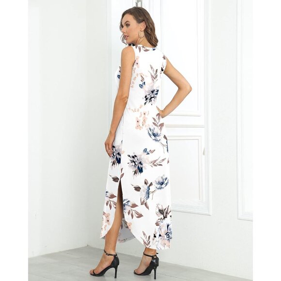 🆕 Women's White Floral Sleeveless Maxi Dress Polyester Casual Sundress - Picture 4 of 6